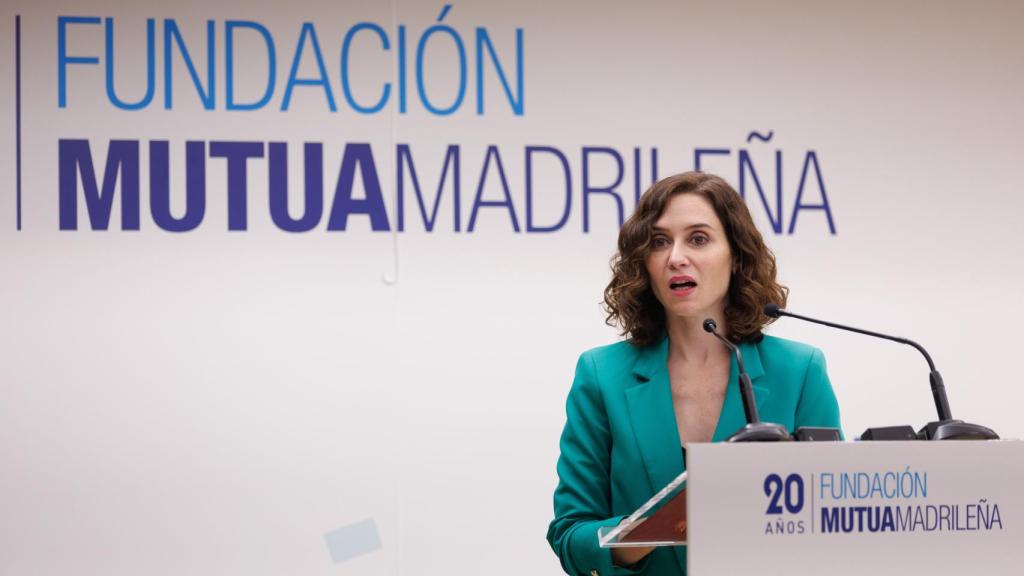 La presidenta de la C. de Madrid, Isabel Díaz Ayuso, en un acto de la Mutua Madrileña.