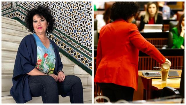 Maribel Mora. A la derecha, echando arena en el asiento de Moreno Bonilla.