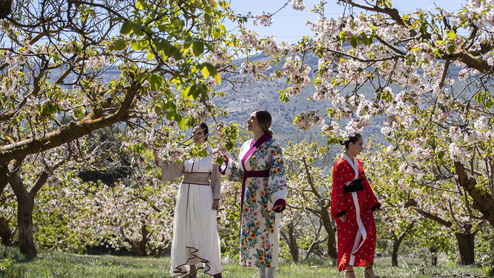 Unas vecinas del pueblo de Alfarnate vestidas con kimonos junto a unos cerezos.