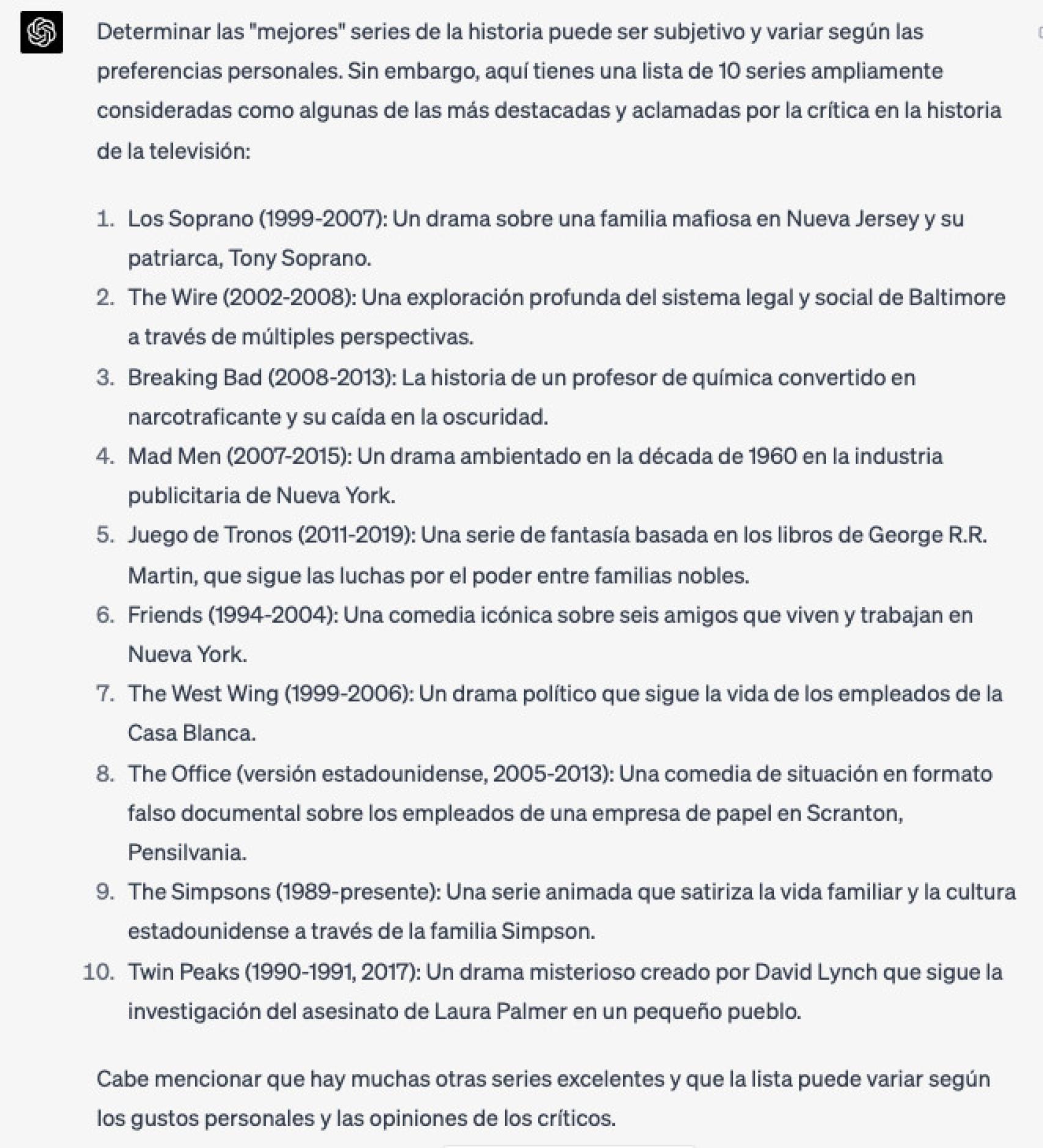 Estas son las mejores series de la historia según ChatGPT.