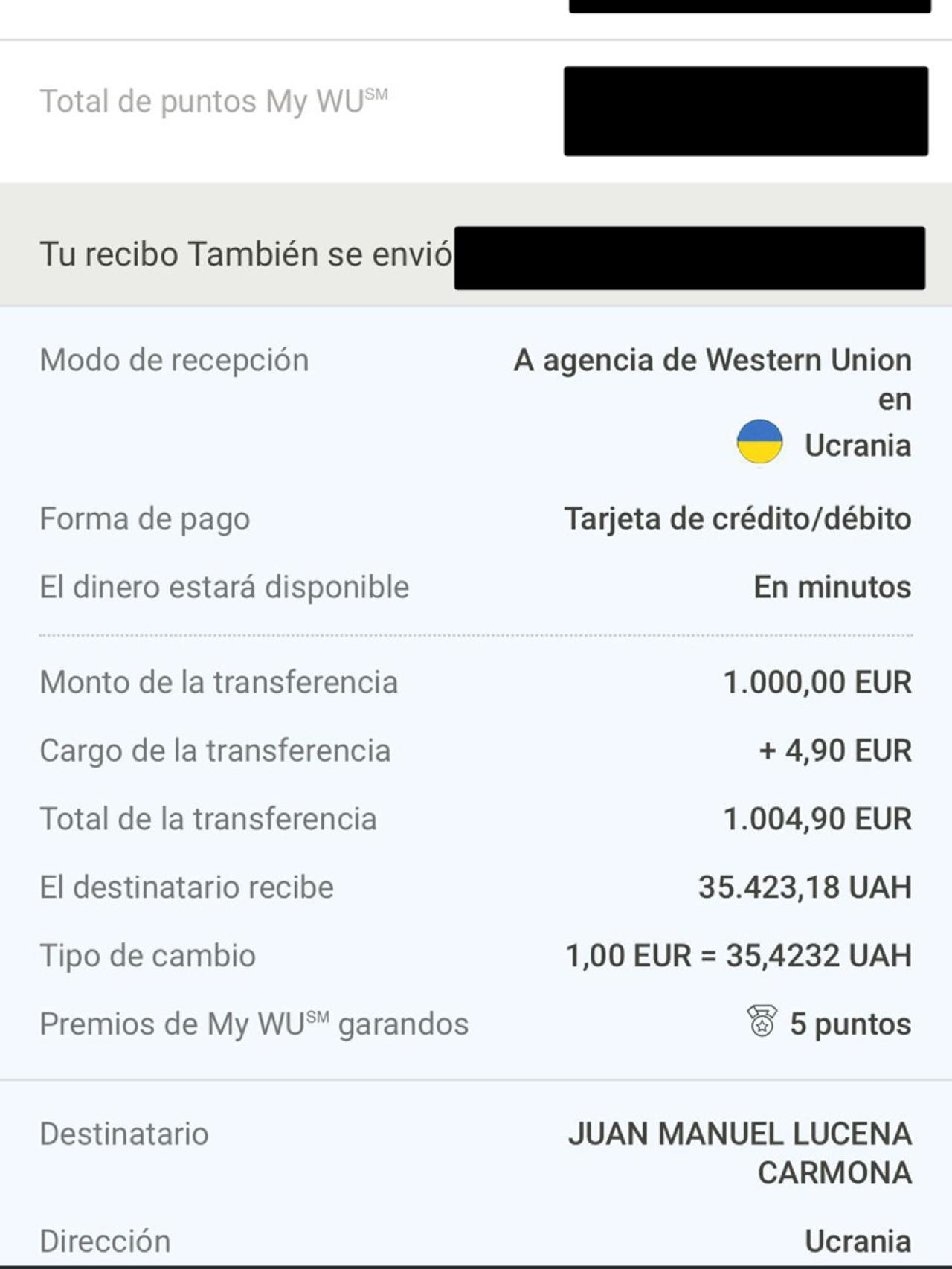 Extracto de una de las transferencia realizadas desde España.