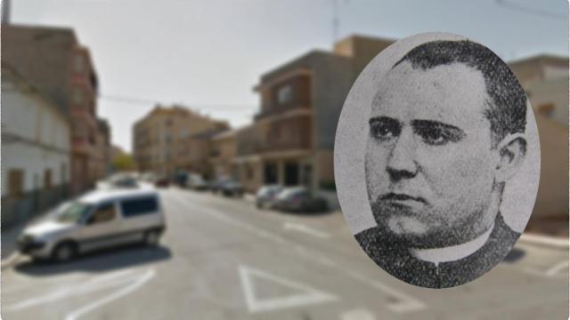El cura José García, a la derecha y la calle en cuestión en Pinoso extraída de Google Maps.