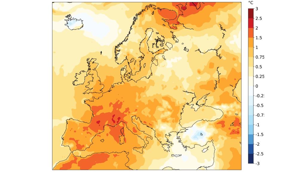 Anomalía de temperatura media en 2022, en relación con el período 1991-2020.