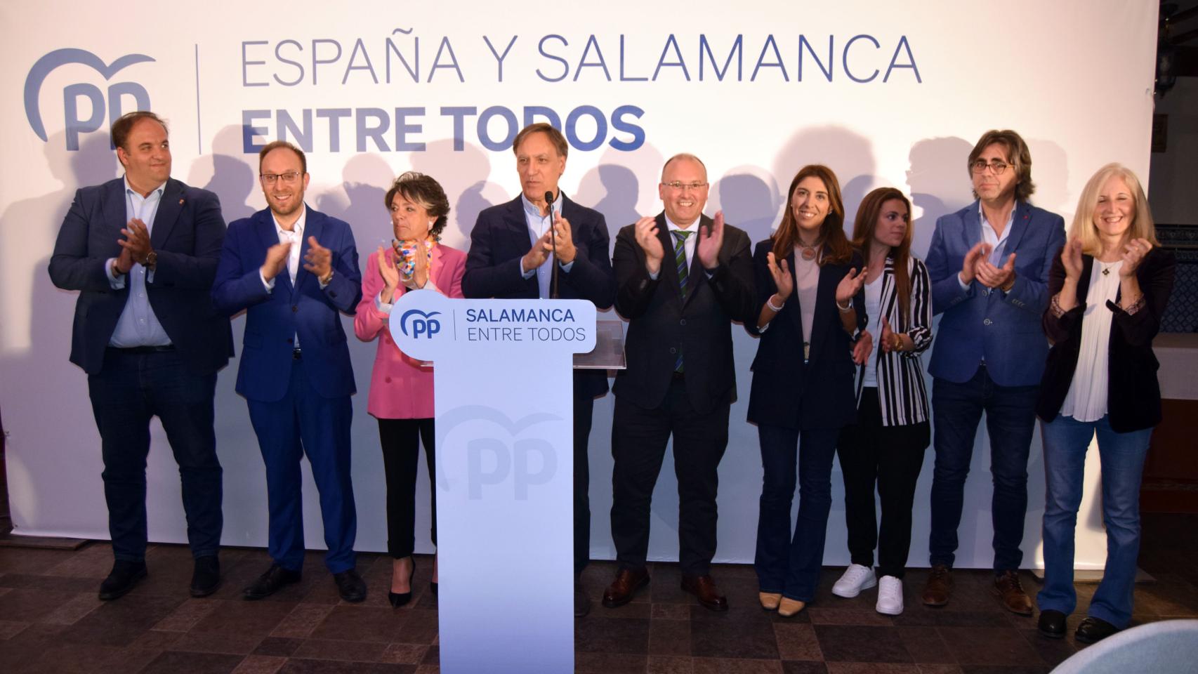 El vicesecretario de organización del PP, Miguel Tellado, durante su intervención en Peñaranda de Bracamonte, este miércoles,