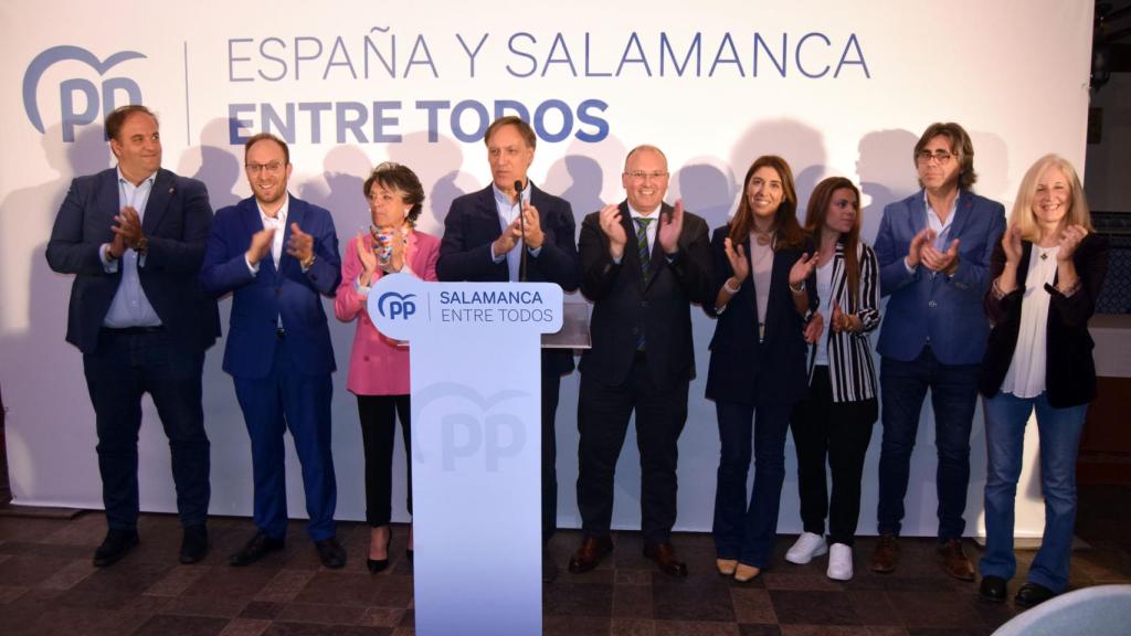 El vicesecretario de organización del PP, Miguel Tellado, durante su intervención en Peñaranda de Bracamonte, este miércoles,