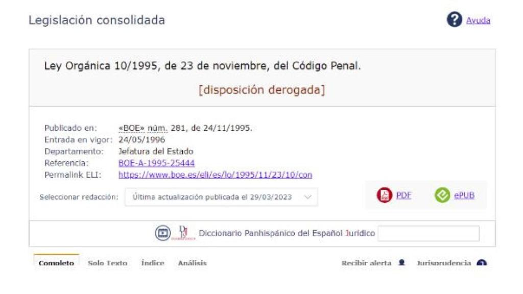Pantallazo del fallo informático en la web de legislación consolidada./