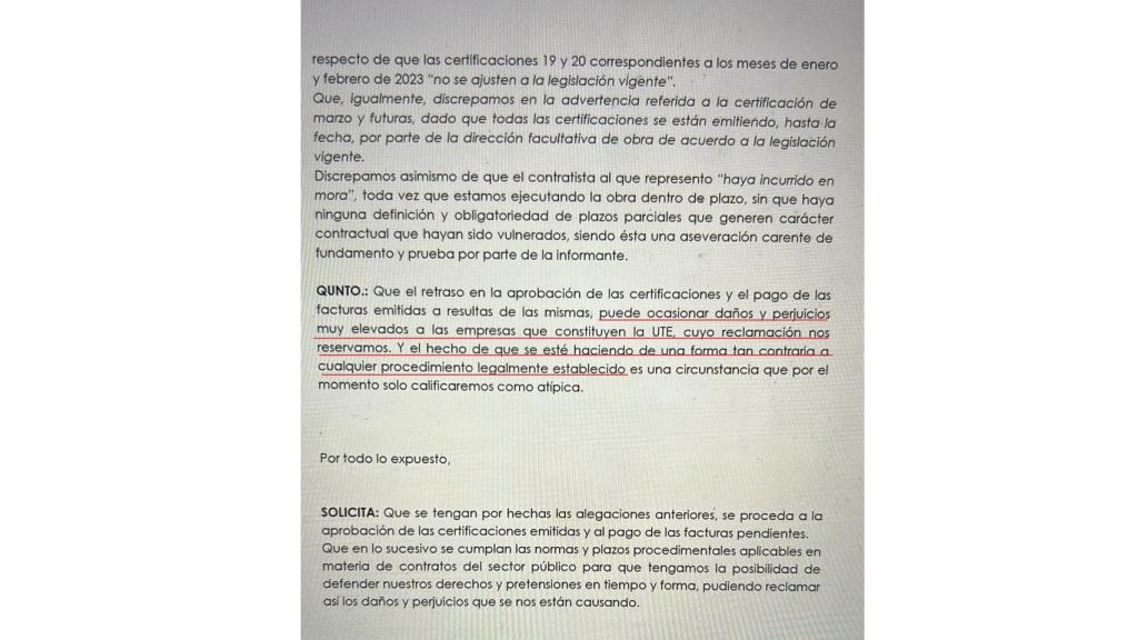 Reclamación de la empresa constructora del polideportivo, del pasado 11 de abril.