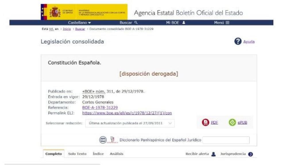 Pantallazo de la 'derogación' de la Constitución en la base de legislación consolidada del BOE/