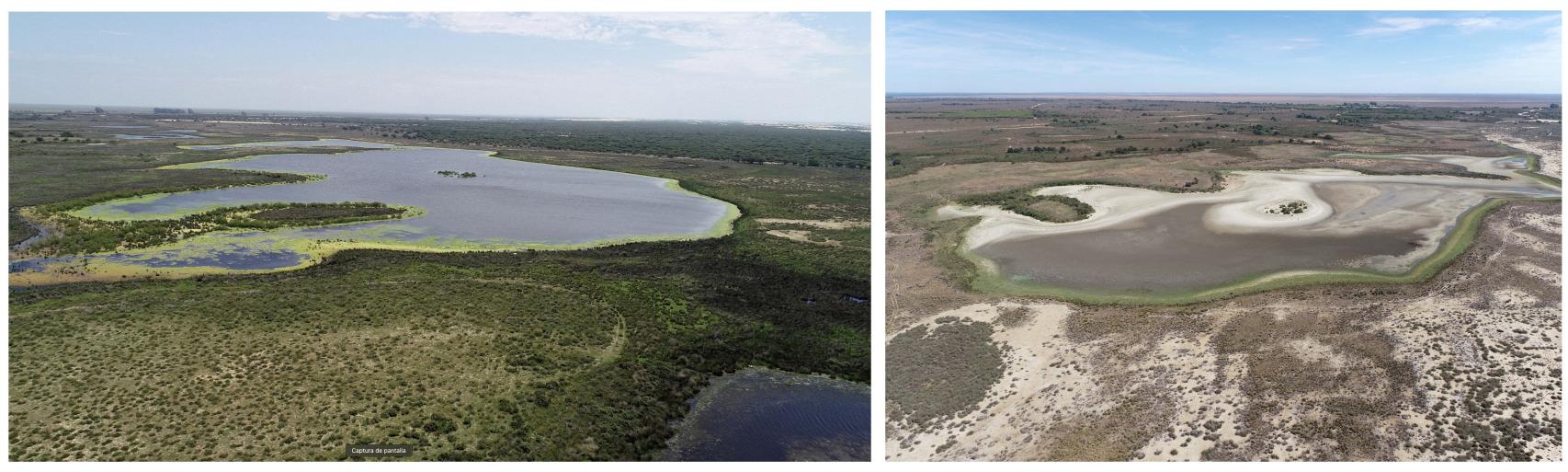 La sequía en Doñana en 2021 (izq) y 2022 (dcha).