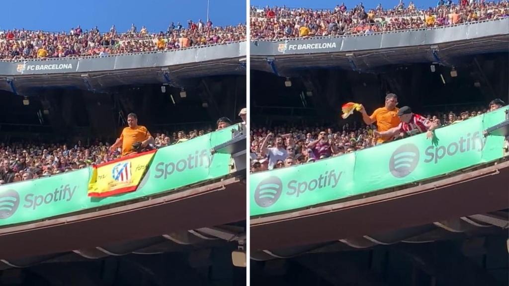 Montaje en el que se ve cómo un aficionado del Barcelona se lleva una bandera de un aficionado del Atlético.