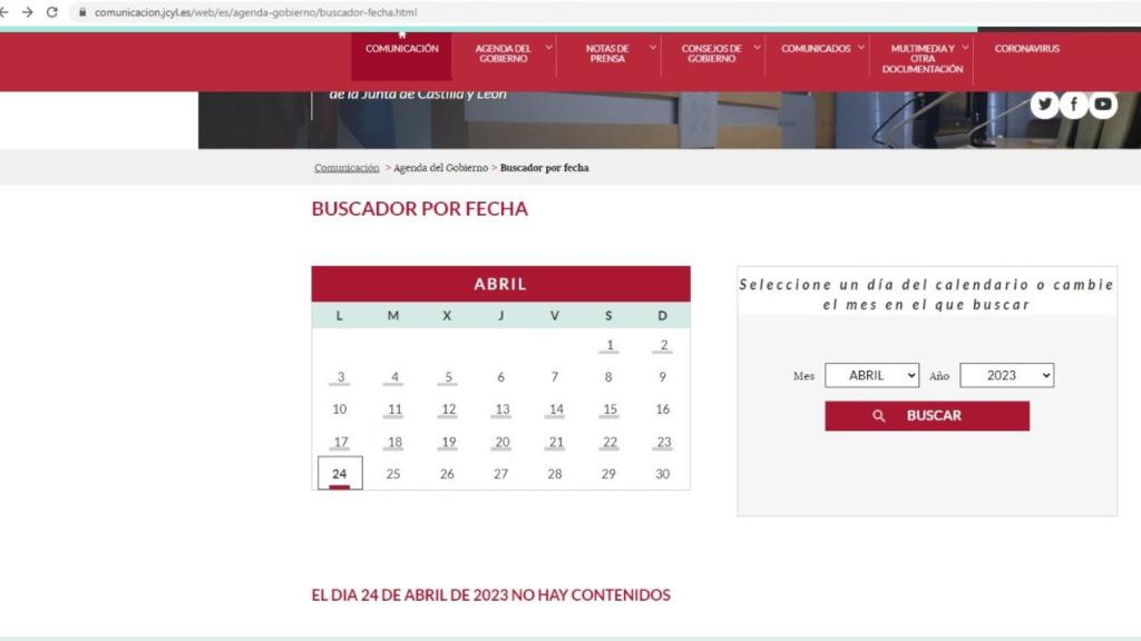Imagen de la agenda vacía de los consejeros y del presidente y vicepresidente de la Junta, este lunes 24 de abril.