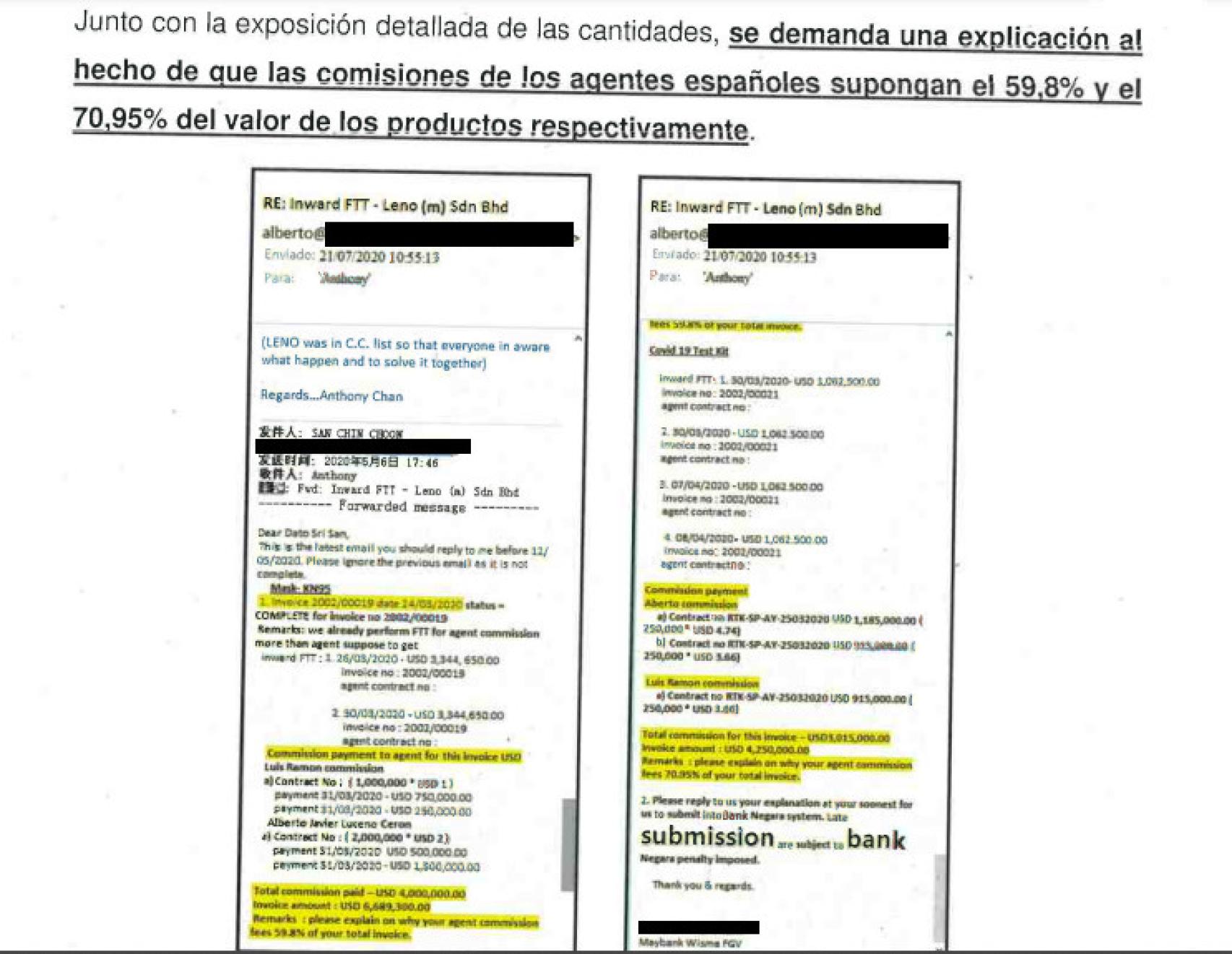 Correo electrónico de MayBank a Leno, rebotado luego por Anthony a Luceño.