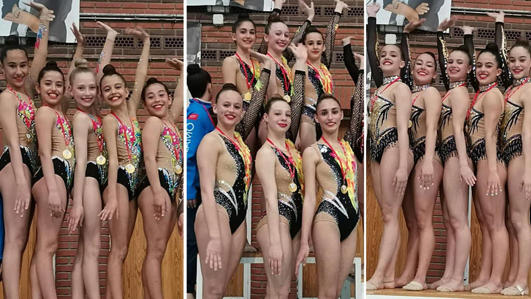 De izquierda a derecha: los equipos infantil, cadete y junio del CD La Victoria de Gimnasia Rítmica