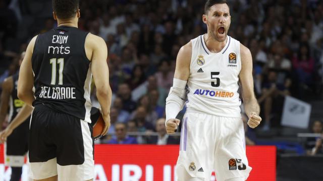 Rudy Fernández, celebrando una canasta del Real Madrid frente al Partizan