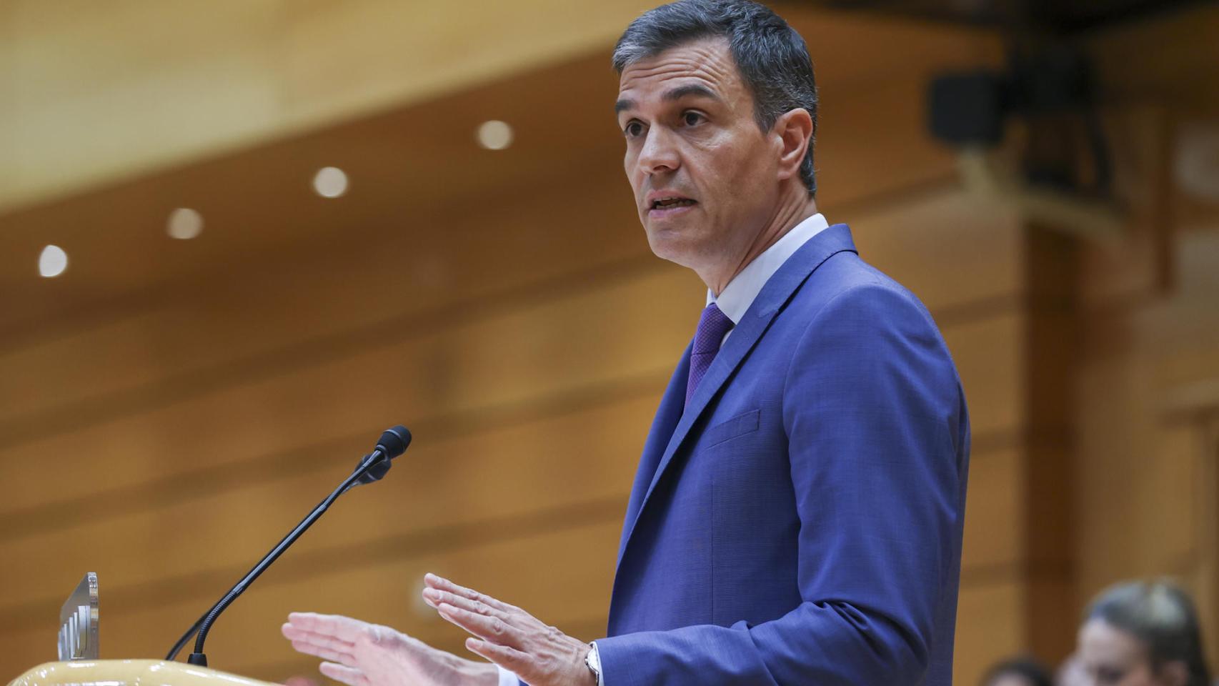 El presidente del Gobierno, Pedro Sánchez, este martes en el Senado en su cara a cara contra Alberto Núñez Feijóo.