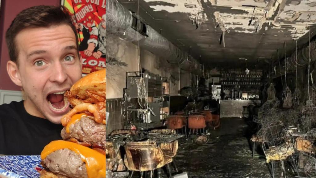 Dani Sanz, conocido como @purogocheo, y el restaurante incendiado.