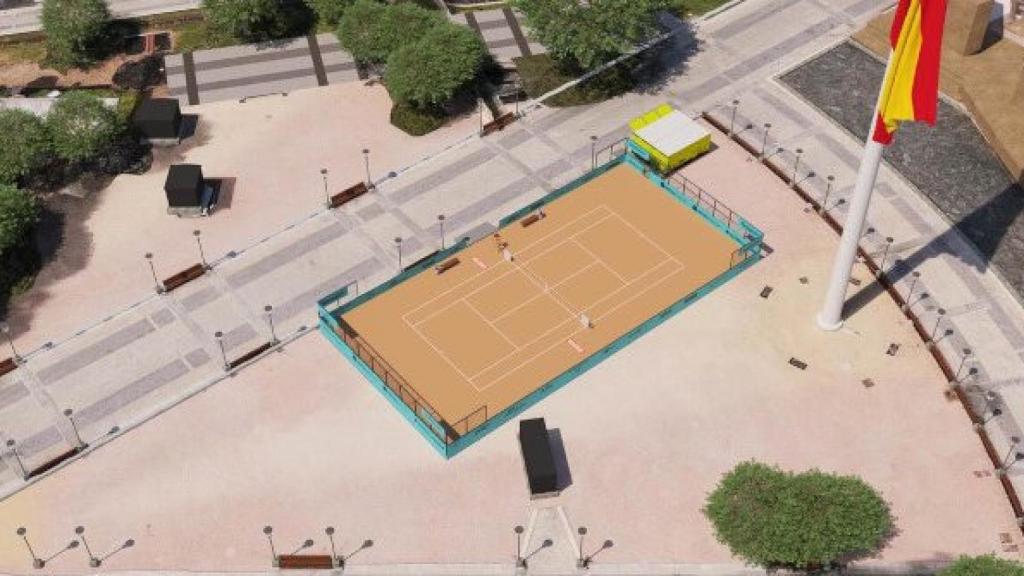 Imagen de la pista de tenis que se ha instalado en la Plaza de Colón.