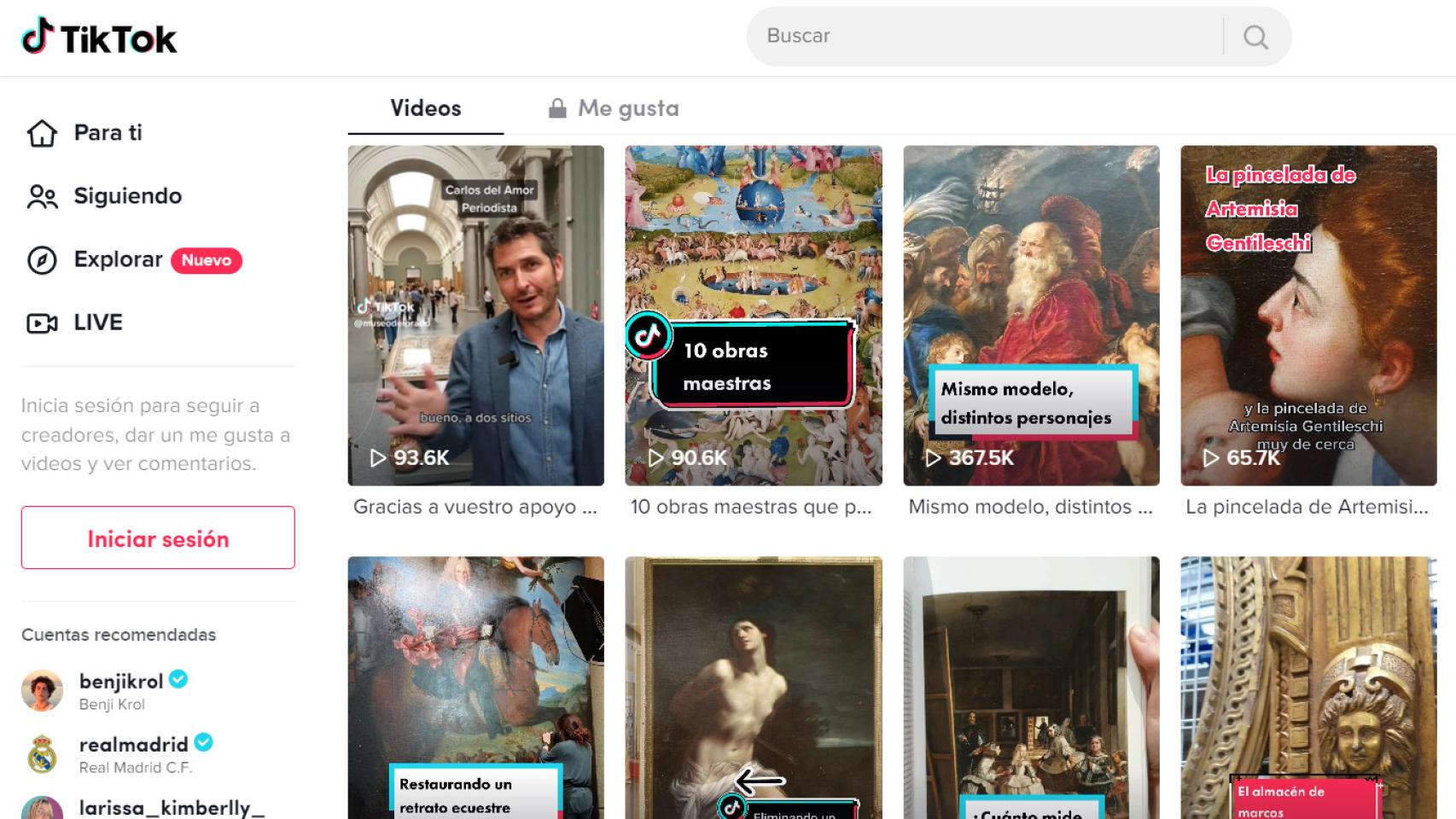 Perfil del Museo del Prado en la versión de escritorio de TikTok