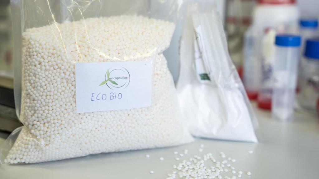 Una muestra de granza de Ecobio (mezcla comercial de PLA/PBAT).