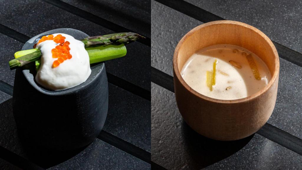 Yemas de Espárragos morados con espuma de merluzas y el All i pebre blanco