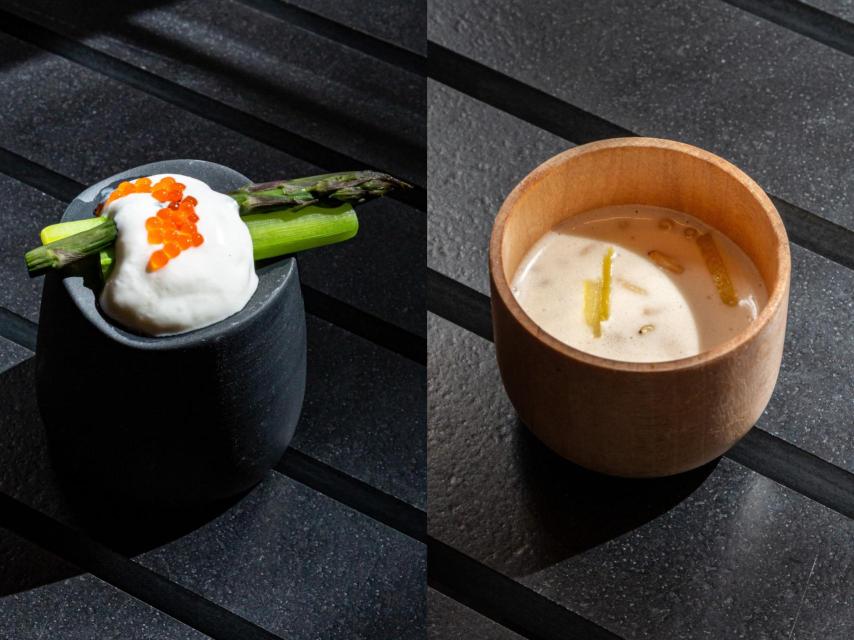 Yemas de Espárragos morados con espuma de merluzas y el All i pebre blanco