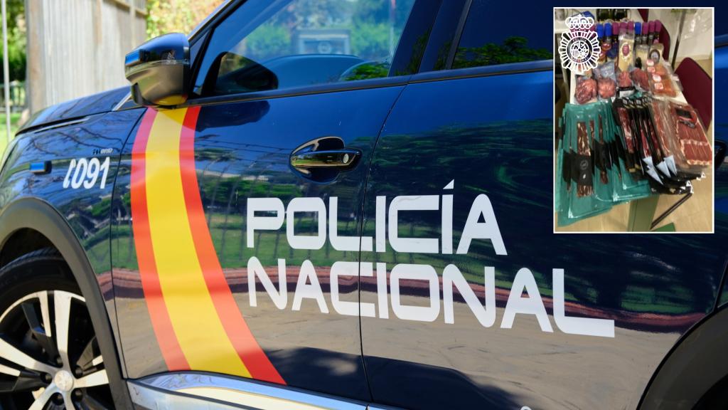 Coche de la Policía Nacional y productos sustraídos del supermercado