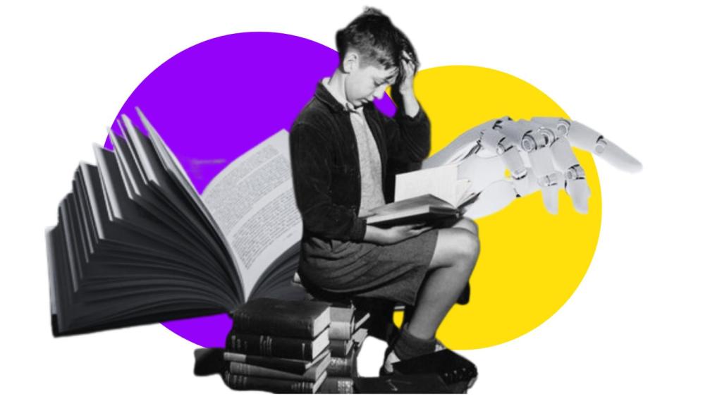 Ilustración de un niño leyendo junto a un libro y una mano robotizada.