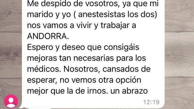 Mensaje de WhatsApp del grupo de Sindicato Médico, este viernes.