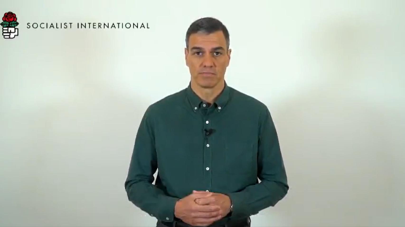 Pedro Sánchez en el vídeo emitido durante las protestas en Tel Aviv, Israel.