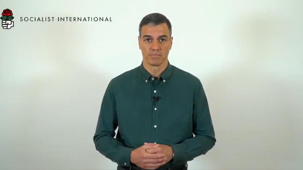 Pedro Sánchez en el vídeo emitido durante las protestas en Tel Aviv, Israel.