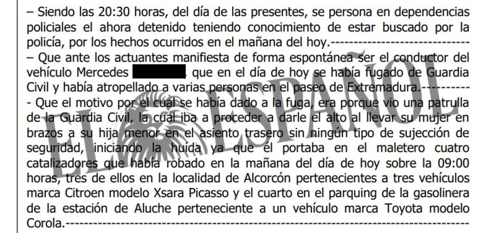 Imagen del atestado donde se recoge la confesión del kamikaze de Paseo de Extremadura.