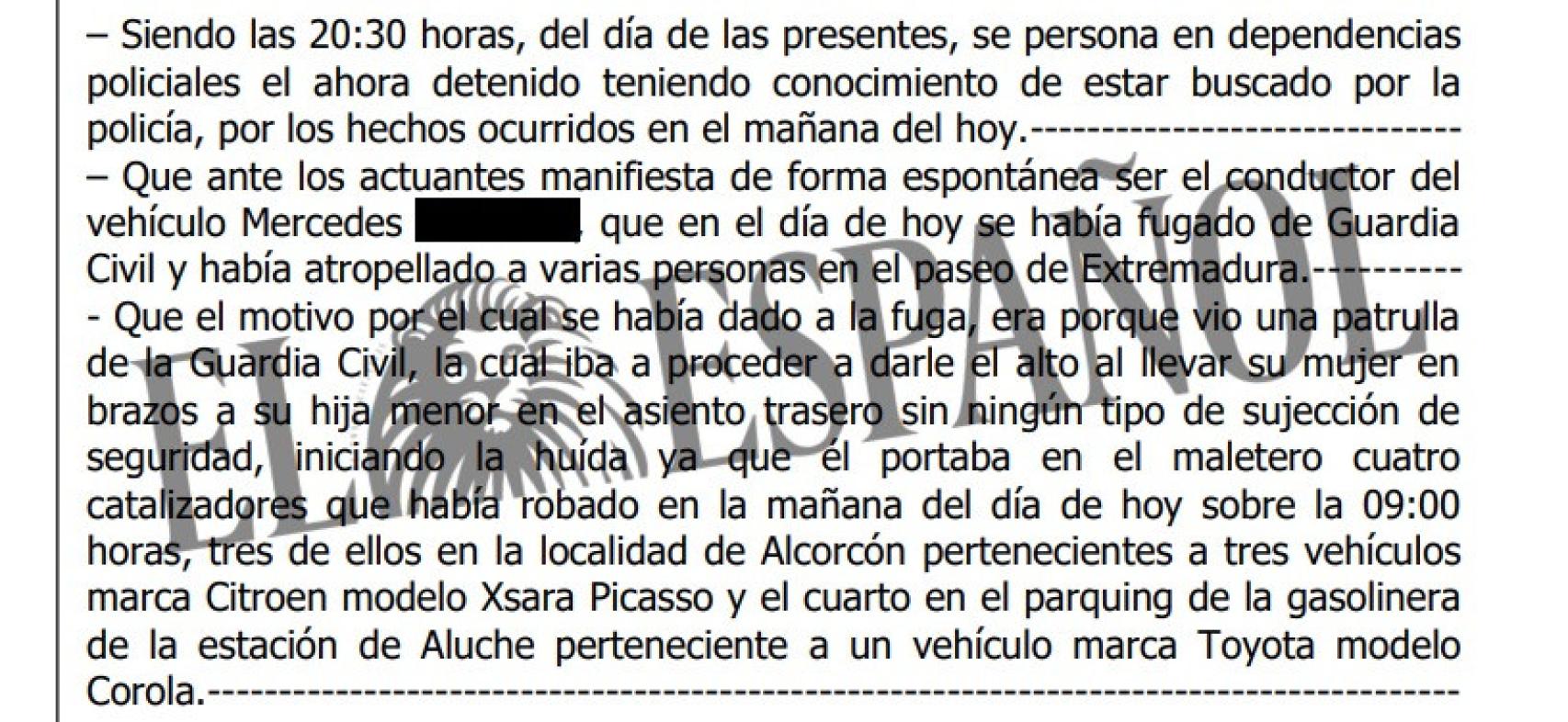 Imagen del atestado donde se recoge la confesión del kamikaze de Paseo de Extremadura.