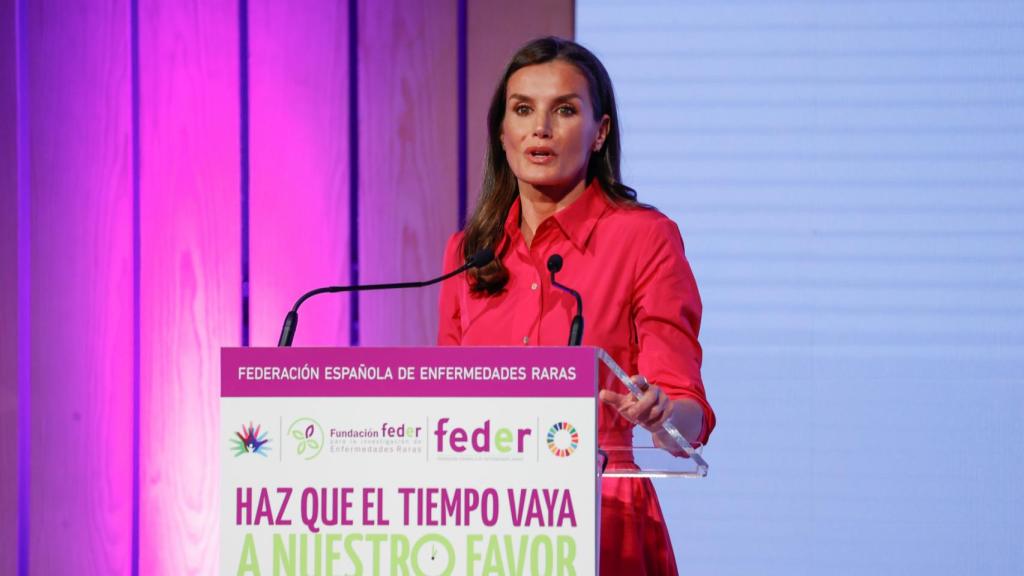 La Reina pronunciando un discurso en un evento de Feder.