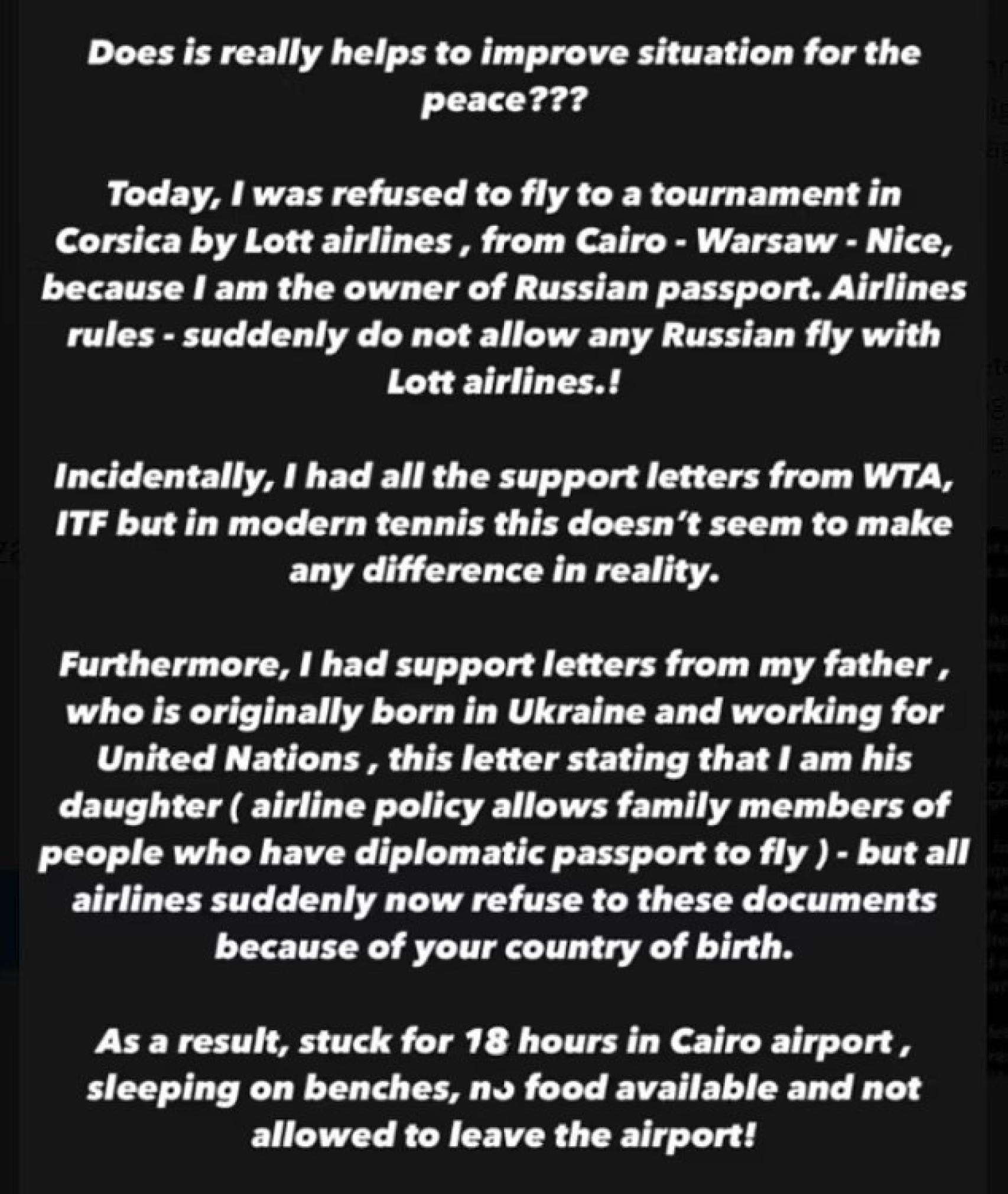 Parte del mensaje de Vitalia Diatchenko en redes sociales.