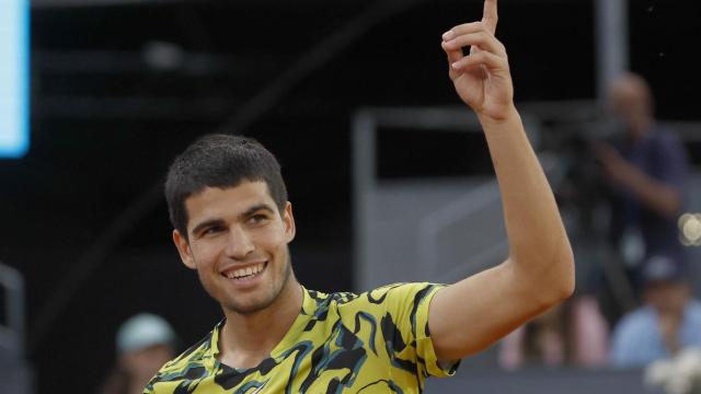 Carlos Alcaraz celebra un punto en el partido ante Dimitrov.