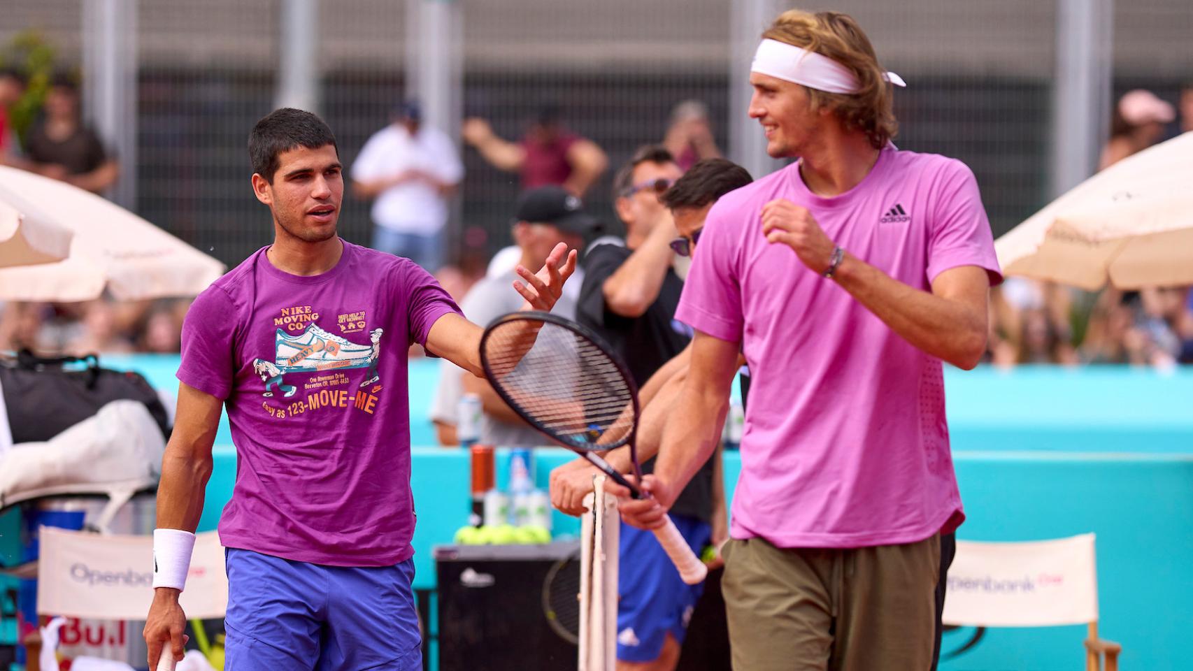 Carlos Alcaraz y Zverev, entrenando juntos en el Mutua Madrid Open