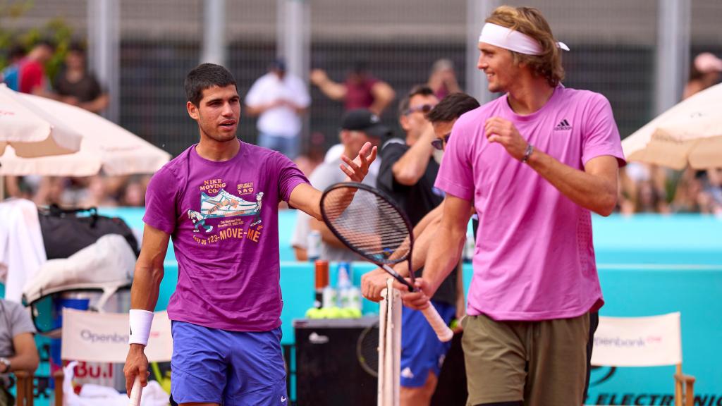 Carlos Alcaraz y Zverev, entrenando juntos en el Mutua Madrid Open