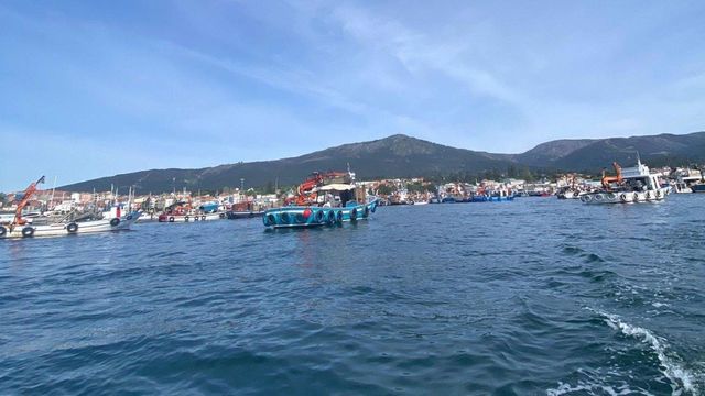 Concentración de barcos del sector bateeiro frente a las costas de A Pobra do Caramiñal.
