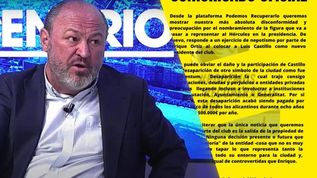 El nuevo presidente del Hércules, Luis Castillo, y el comunicado de Podemos Recuperarlo.