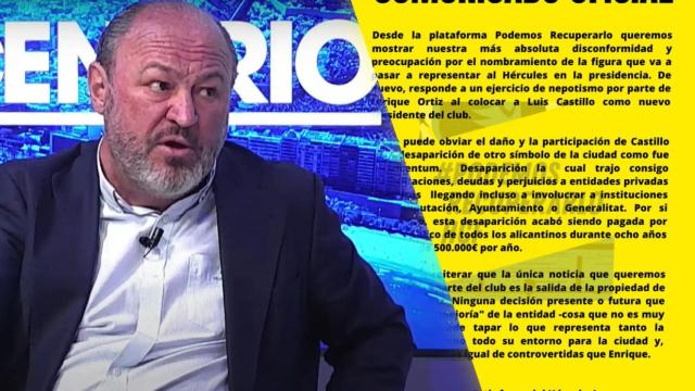 El nuevo presidente del Hércules, Luis Castillo, y el comunicado de Podemos Recuperarlo.