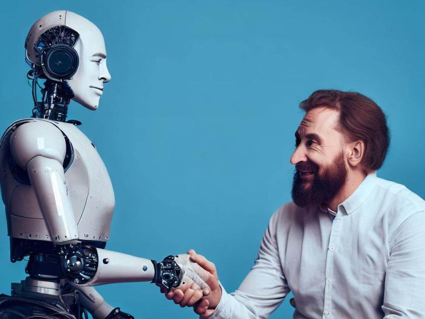 Un robot estrecha la mano de un paciente en una imagen generada por inteligencia artificial.