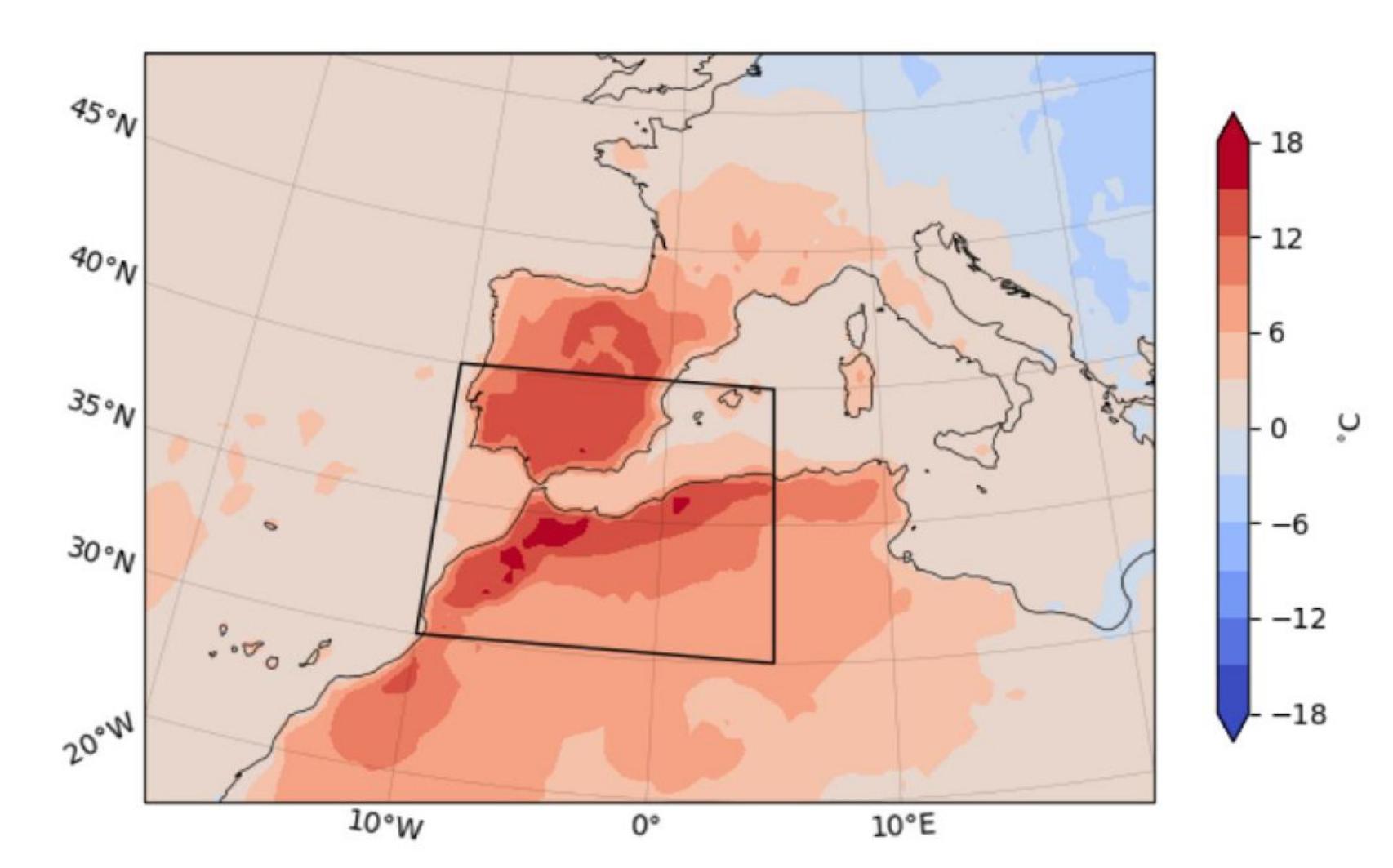 Anomalías de la temperatura máxima diaria entre el 26 y 28 de abril de 2023.