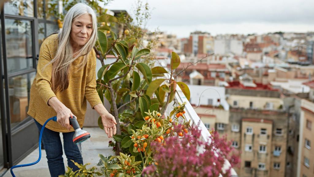 Mujer regando sus plantas.