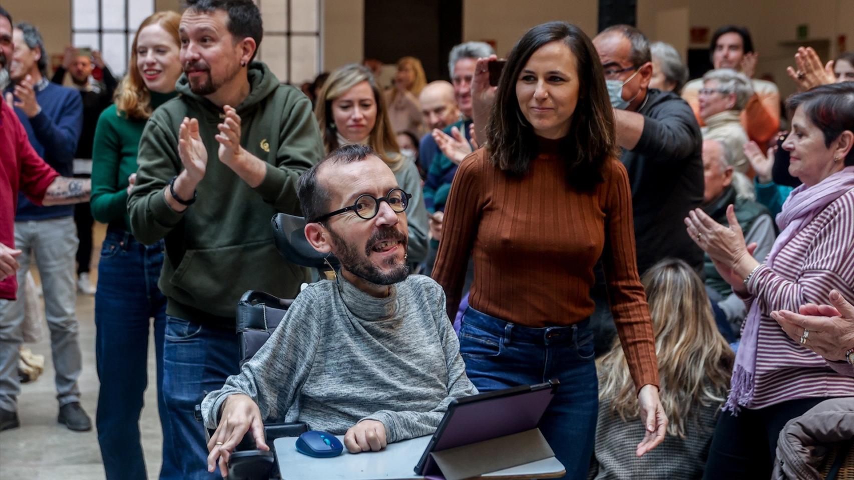 Pablo Iglesias, Pablo Echenique e Ione Belarra, el pasado 5 de marzo en la presentación del libro ‘Memorias de un piloto de combate’.