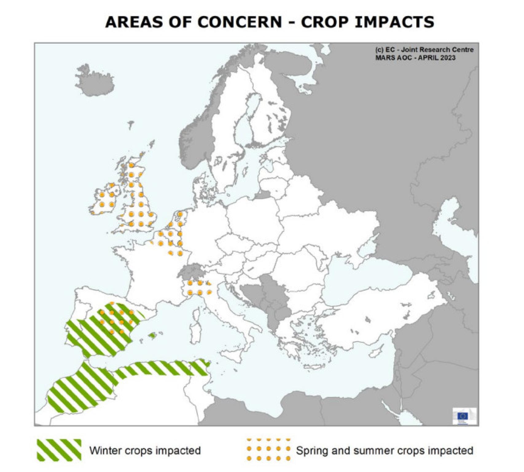 Zonas de preocupación. En verde, los cultivos de invierno afectados. En naranja, los de verano y primavera.