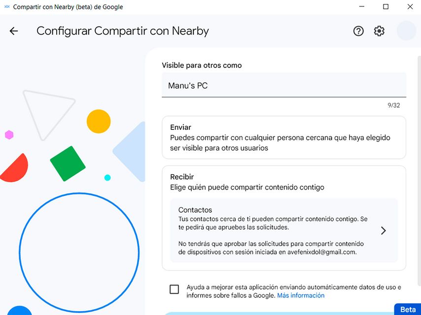 Esta es la ventana de Nearby Share en Windows