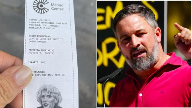 Una de las 'multas' falsas y Santiago Abascal en un fotomontaje.