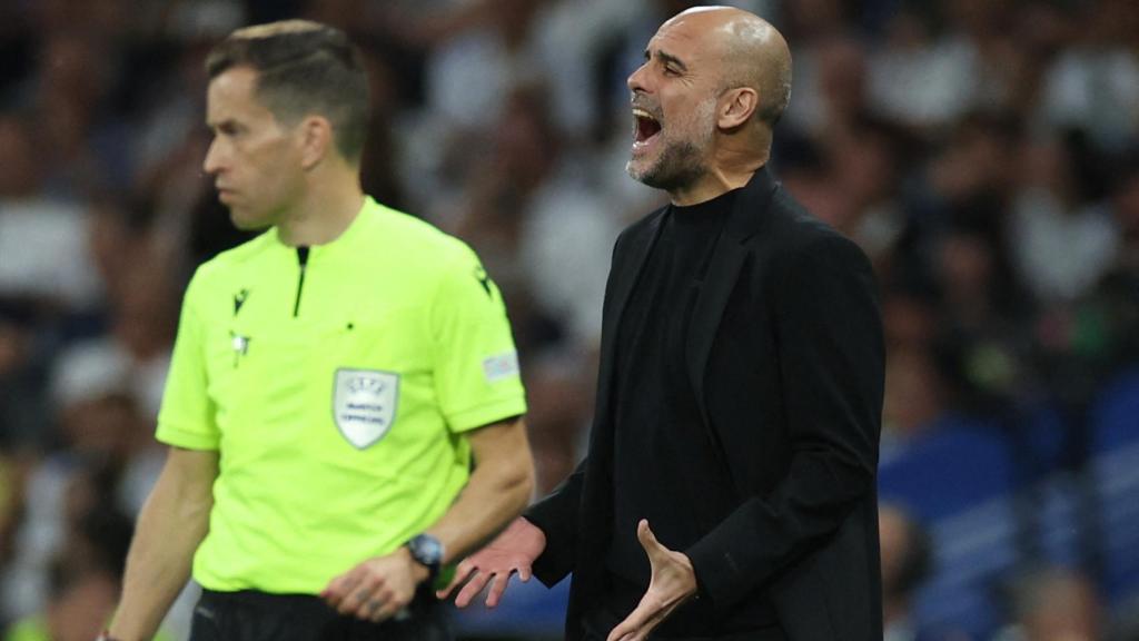 Pep Guardiola, protestando una acción en el Real Madrid - Manchester City de la Champions League 2022/2023