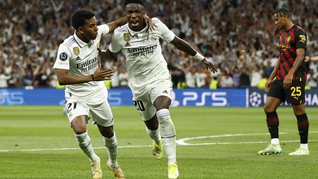 Rodrygo y Vinicius, celebrando el gol del segundo al City en la ida de las semifinales