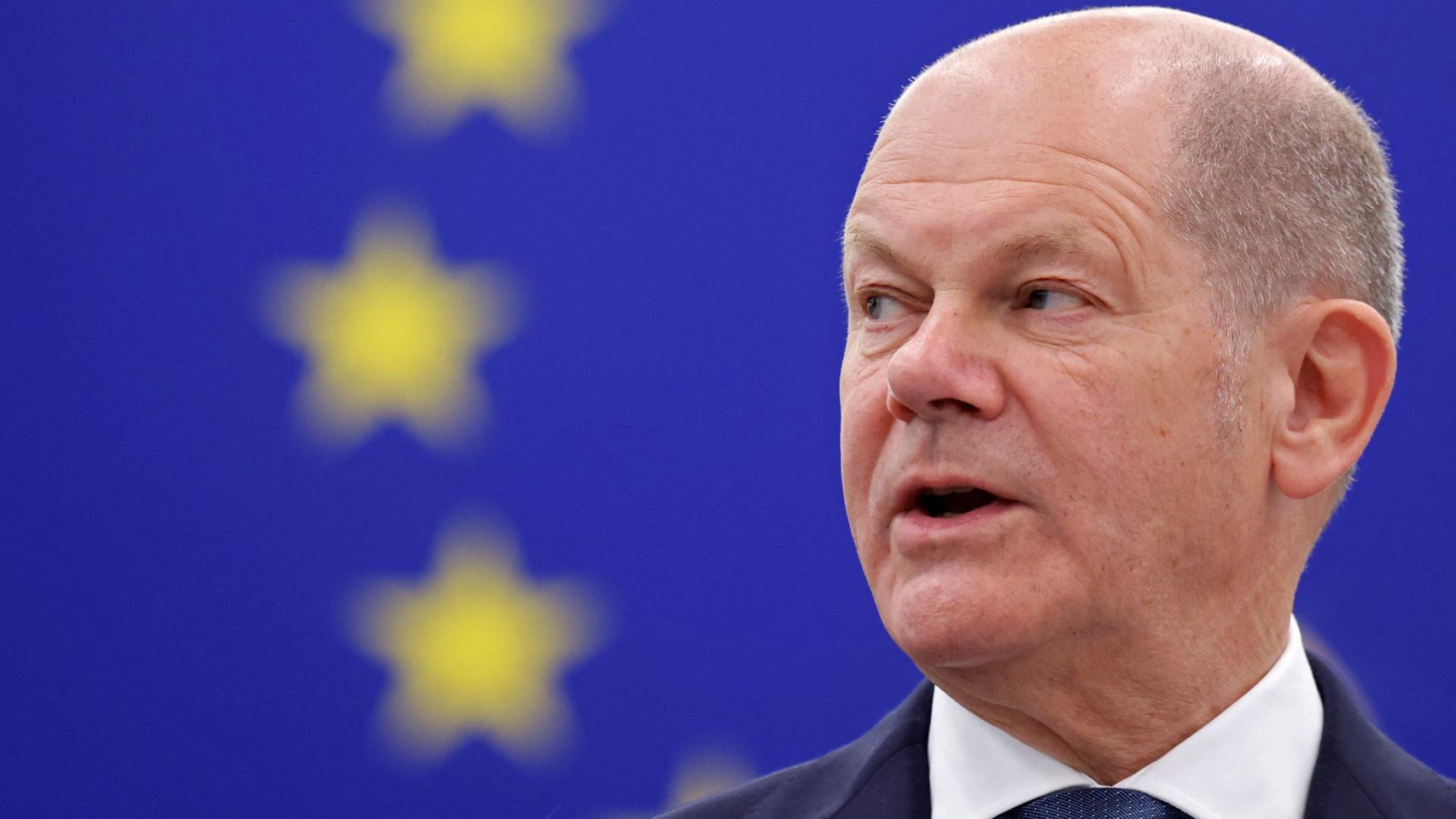 Olaf Scholz, canciller de Alemania, durante su discurso del Día de Europa ante el Parlamento Europeo, en Estrasburgo.